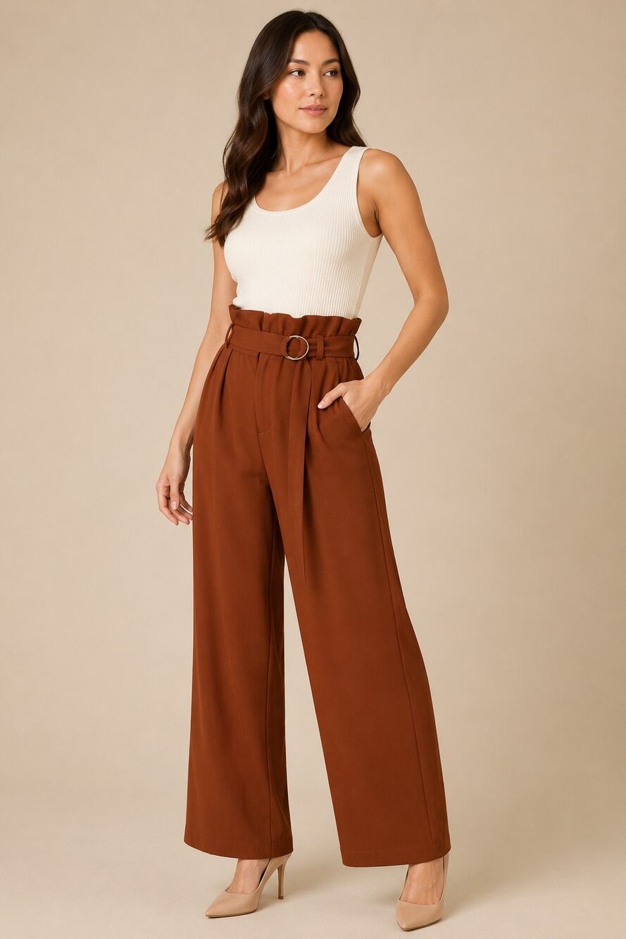 INC International Concepts Rust Brown Paperbag Wide-Leg Pants NWT Size 14